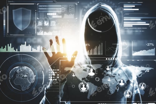 Preview: Hacker With Digital Business Interface. Hacking And Technology Concept. Double Exposure