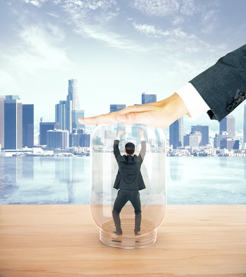Preview: Stressed Businessman Miniature Trapped Inside Transparent Glass Jar By Employer. City Background
