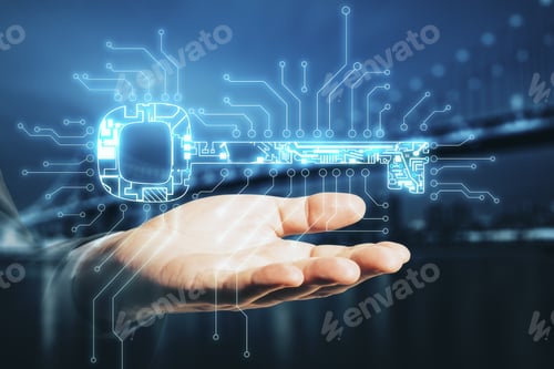 Preview: Hand Holding Glowing Circuit Digital Key On City Background. Safety And Security Concept