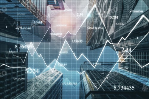 Preview: Creative City Background With Forex Chart And Numbers. Trade And Economy Concept. Double Exposure