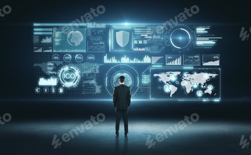 Preview: Back View Of Young Businessman Looking At Glowing Digital Business Interface. Innovation And