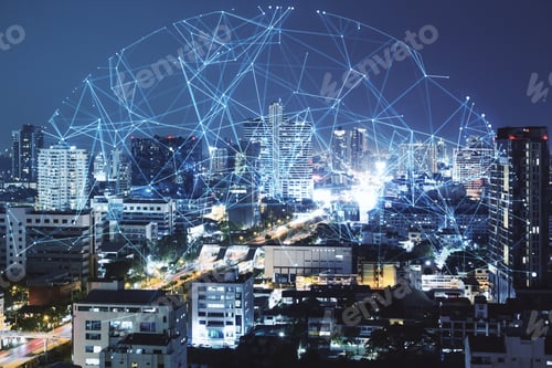 Preview: Glowing Night City Background With Polygonal Sphere. Communication, Urbanization And Global