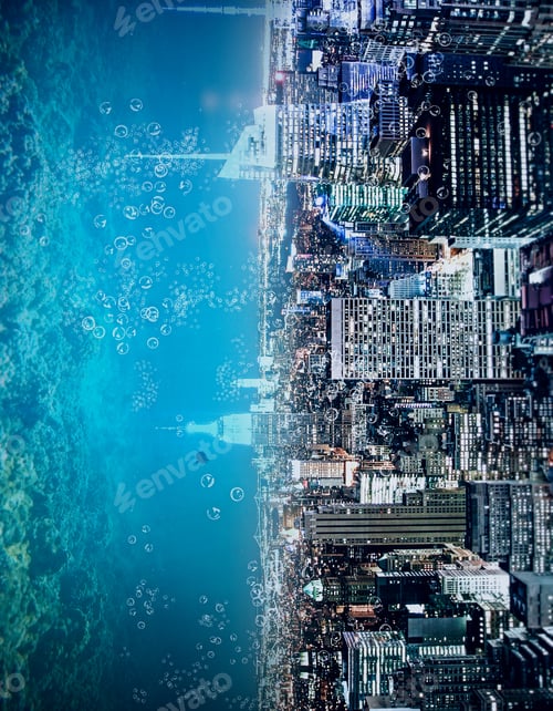 Preview: Abstract Sideways City And Water, Ocean, Sea Backdrop With Copy Space. Creativity, Abstraction And