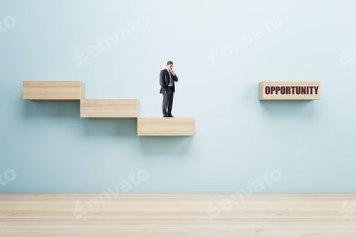 Preview: Male With Abstract Crisis Management Gap On Blue Wall Background. Business Obstacle And Recovery