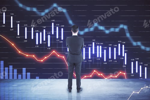 Preview: Crisis Concept With Businessman Looking At Big Digital Screen With Falling Financial Chart Graphs