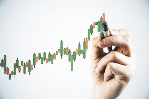 Preview: Hand Drawing Creative Color Candlestick Chart On White Wall. Increase And Stats Concept.
