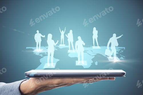 Preview: Hand Holding Tablet With Map And People Silhouettes. Social Network And Media Concept. Double