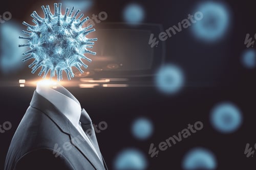 Preview: Businessman In Suit With A Blue Coronavirus Flu Infection Instead Of A Head. Coronavirus Helath