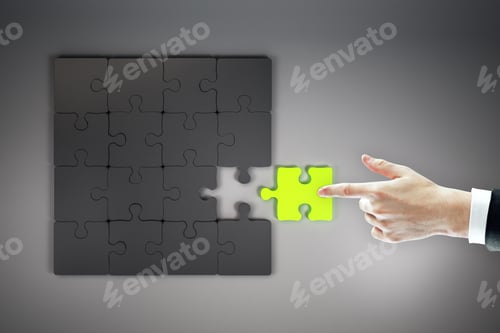 Preview: Top View Of Businessman Hand Assembling Green Jigsaw Puzzle On Grey Background. Quiz And Solution