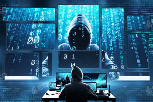 Preview: Hacking And Criminal Concept. Hacker Using Abstract Laptop With Binary Code Digital Interface