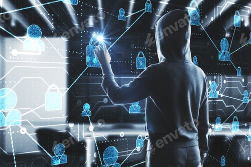 Preview: Hacking And Malware Concept. Hacker Using Hud Abstract Business Interface In Blurry Office