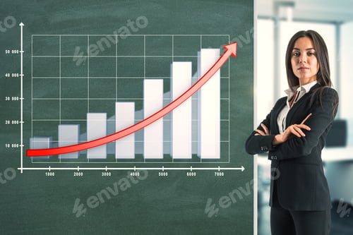 Preview: Attractive Young Businesswoman Standing Next To Chalkboard With Business Chart And Arrow. Financial