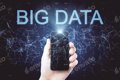 Preview: Hand Holding Smartphone On Abstract Polygonal Big Data Background. Technology And Communication