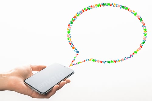 Preview: Cellphone With Creative Hand Gesture Speech Bubble On White Background. Social Media, Communication