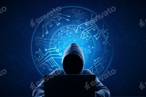 Preview: Hacker Using Laptop With Abstract Glowing Digital Circuit Sphere On Blue Background. Hardware