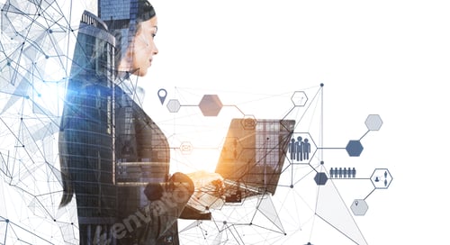 Preview: Woman Using Laptop With Abstract Social Network Interface On Blurry City Background. Technology And