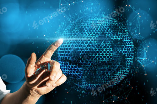 Aperçu: Close Up Of Businessman Hand Pointing Abstract Globe Sphere With Coding And Polygonal Network On