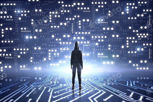 Preview: Back View Of Young Female Hacker Standing On Abstract Glowing Circuit Background. Hacking And