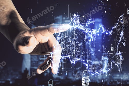 Preview: Modern Communication Technology Concept With Man Finger Touching Hologram Russia Map With Locks At