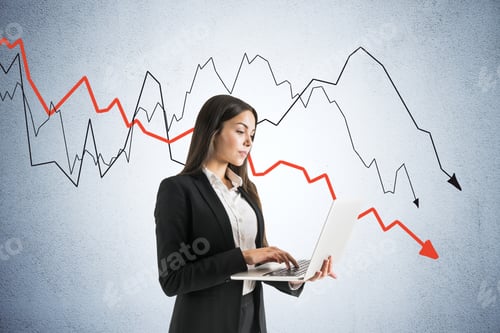 Preview: Businesswoman Using Laptop And Crash Crisis Chart With Falling Red Arrow. Business And Financial