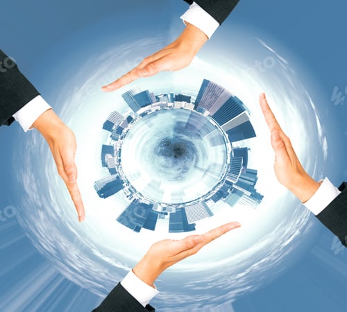 Preview: Four Businessman Hands Around Abstract Circular Cityscape