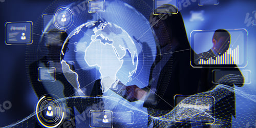 Preview: Businesspeople Working Together With Abstract Digital Business Interface On Dark Blue Background