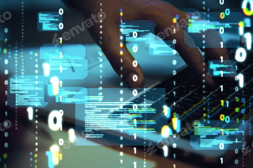Vista previa: Close Up Of Hands Using Computer Keyboard With Abstract Coding Binary Code Hologram On Blurry