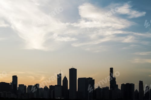Preview: Backlit Chicago City Skyline Texture At Sunset. Urban Architecture Concept