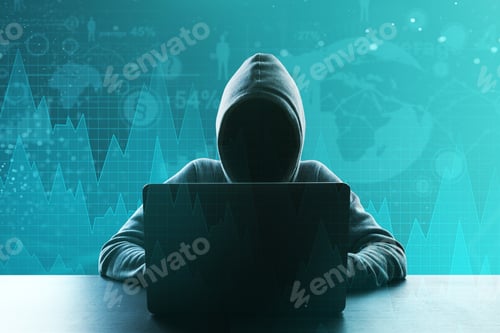 Preview: Hacker Using Laptop With Forex Chart. Criminal And Trade Concept. Double Exposure