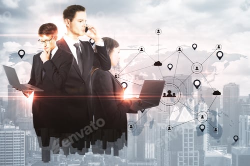 Preview: Businesspeople On City Background And Social Network Interface And Glowing Human Resource Concept.