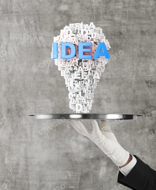 Preview: Hand Holding Plate With Lightbulb Isolated On Concrete Wall