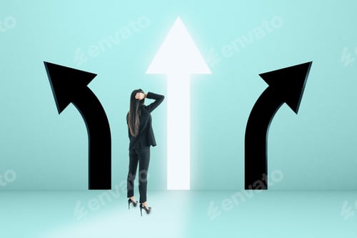 Preview: Young Businesswoman With Arrow Choice On Blue Background. Different Direction And Way Concept