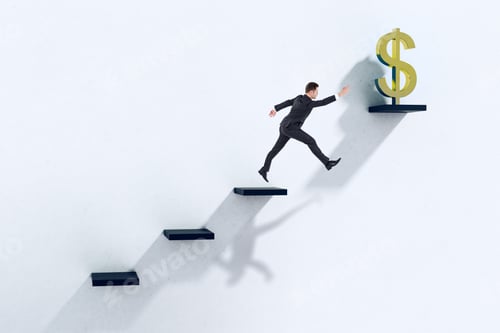 Preview: Businessman Jumping Abstract Ladder To Gold Dollar Symbol. Financial Growth And Success Concept