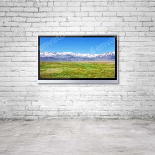 Preview: Wide Screen Tv With Mountain On Wall In Room
