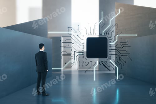Preview: Attractive European Businessman Standing In Concrete Interior With Abstract Micro Chip And Mock Up