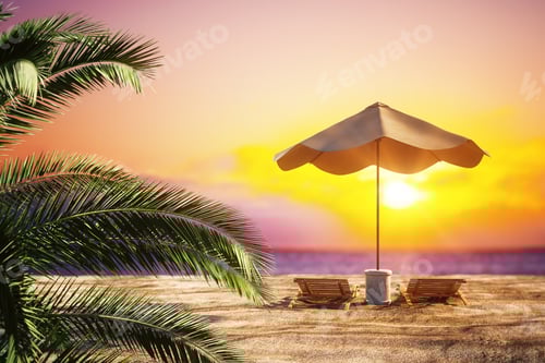 Preview: Beautiful Beach Background With Sand, Palm Trees, Chaise Longs, Umbrella And Sunlight. Creativity