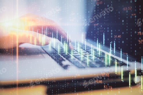 Preview: Businessman Hand Using Laptop With Falling Stock Exchange Statistics On Screen. Trade And Finance