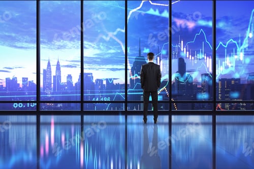 Preview: Global Investment Business Concept With Businessman Analysing Digital Display With World Map, Forex