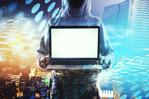 Preview: Hacker Holding Empty White Laptop On Blurry Digital City Background. Mock Up, Double Exposure