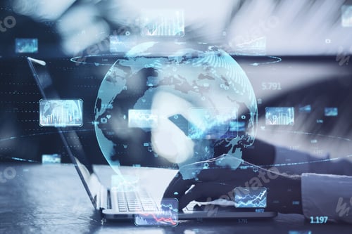 Preview: Close Up Of Hands Using Laptop At Desktop With Abstract Globe, Forex Charts And Graphs On Blurry