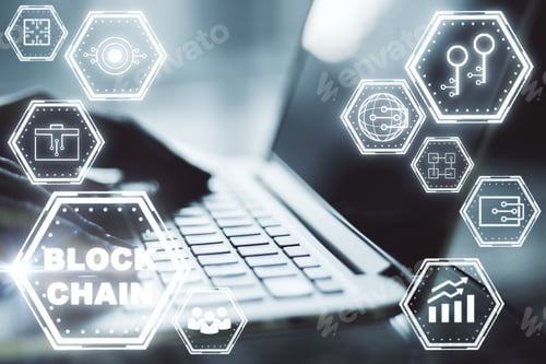 Preview: Hand Using Laptop With Glowing Hologram On Blurry Background. E-Commerce, Cryptocurrency And
