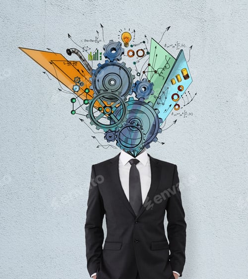 Preview: Sketch Headed Businessman Standing On Concrete Wall. Leadership, Teamwork And Idea