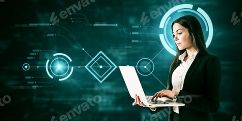 Preview: Attractive Young Eueopean Businesswoman Using Laptop On Abstract Blurry Background With Digital