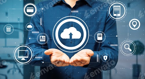 Preview: Data Exchange Concept With Virtual Cloud Service Buttons Over Man Palms. Double Exposure