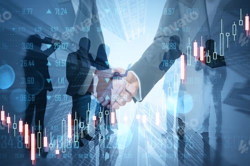 Preview: Businessmen Shaking Hands While Working Together On Abstract City Background With Forex Chart
