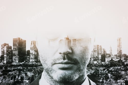 Preview: Portrait Of Thoughtful Young Businessman On Abstract City Background. Research Concept. Double