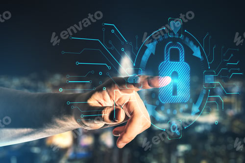 Preview: Businessman Hand Pointing At Abstract Glowing Blue Padlock Hologram On Blurry Night City