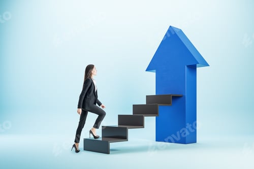Preview: Young Businesswoman Climbing On Black Stairs With Blue Arrow. Start Up And Success Concept.