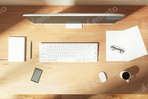 Preview: Top View Of Sunny Desktop With Computer, Keyboard, Cup Of Coffee And Accessories