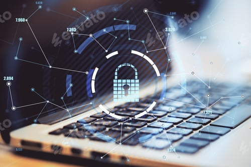 Preview: Cyber Security Concept With Digital Lock Sign Among Stats Data Indicators On Laptop Background
